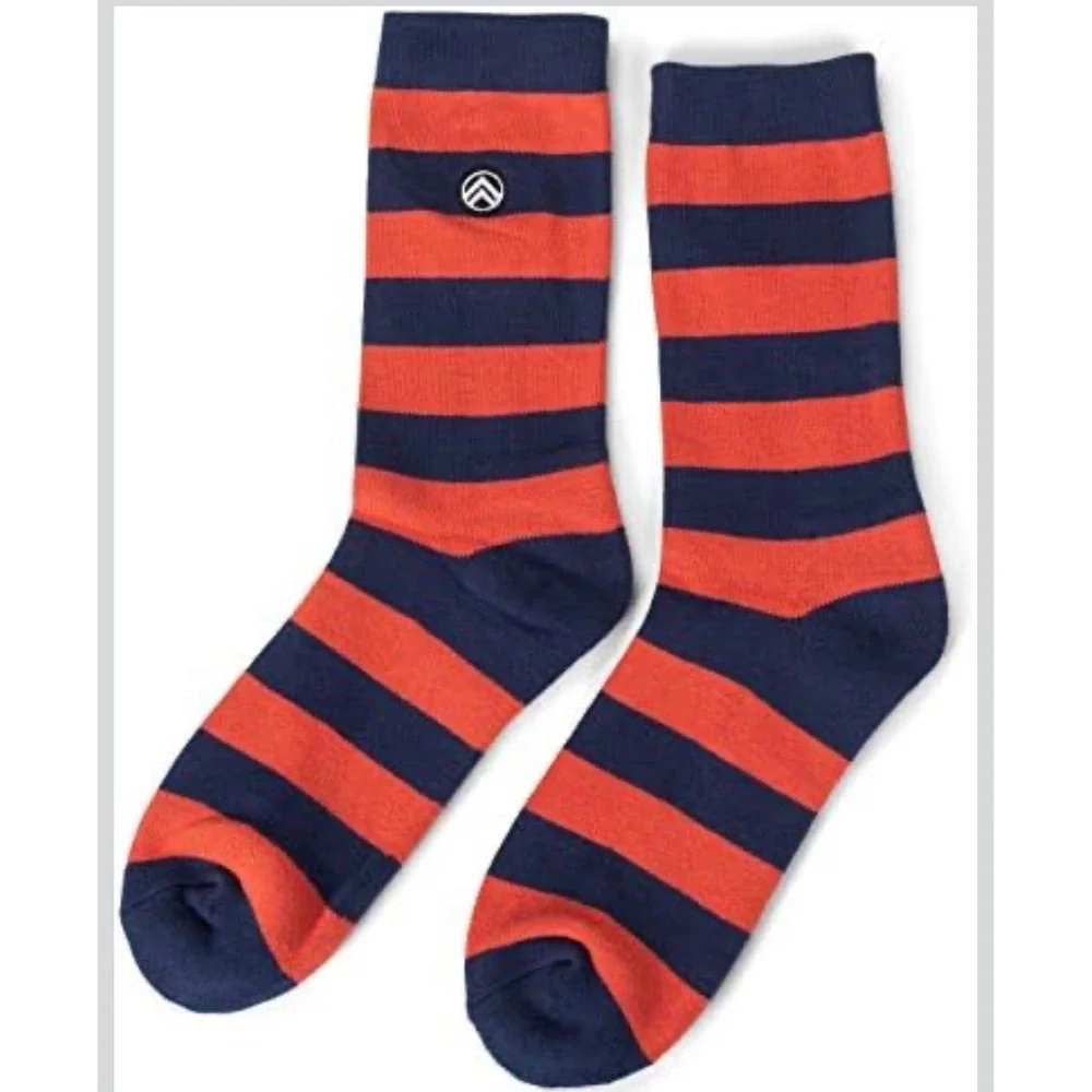 Sky Footwear Crew Socks Mens OS Orange Blue Rugby Striped 3 Pairs Athletic Logo